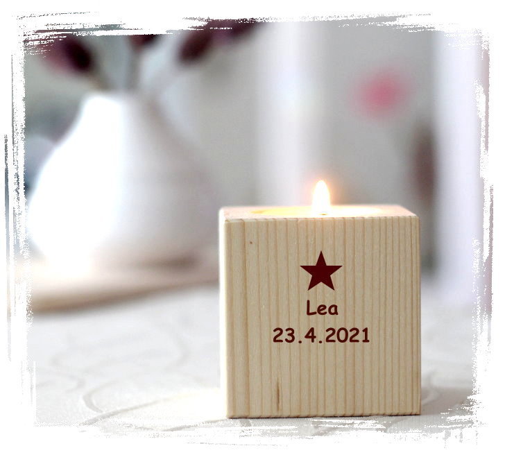 Teelichthalter aus Holz  ★  personalisiert mit Stern und Wunsch-Text